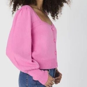 French Connection Sweetheart Neck Puff Shoulder Sleeve Cardigan Med Hot Pink